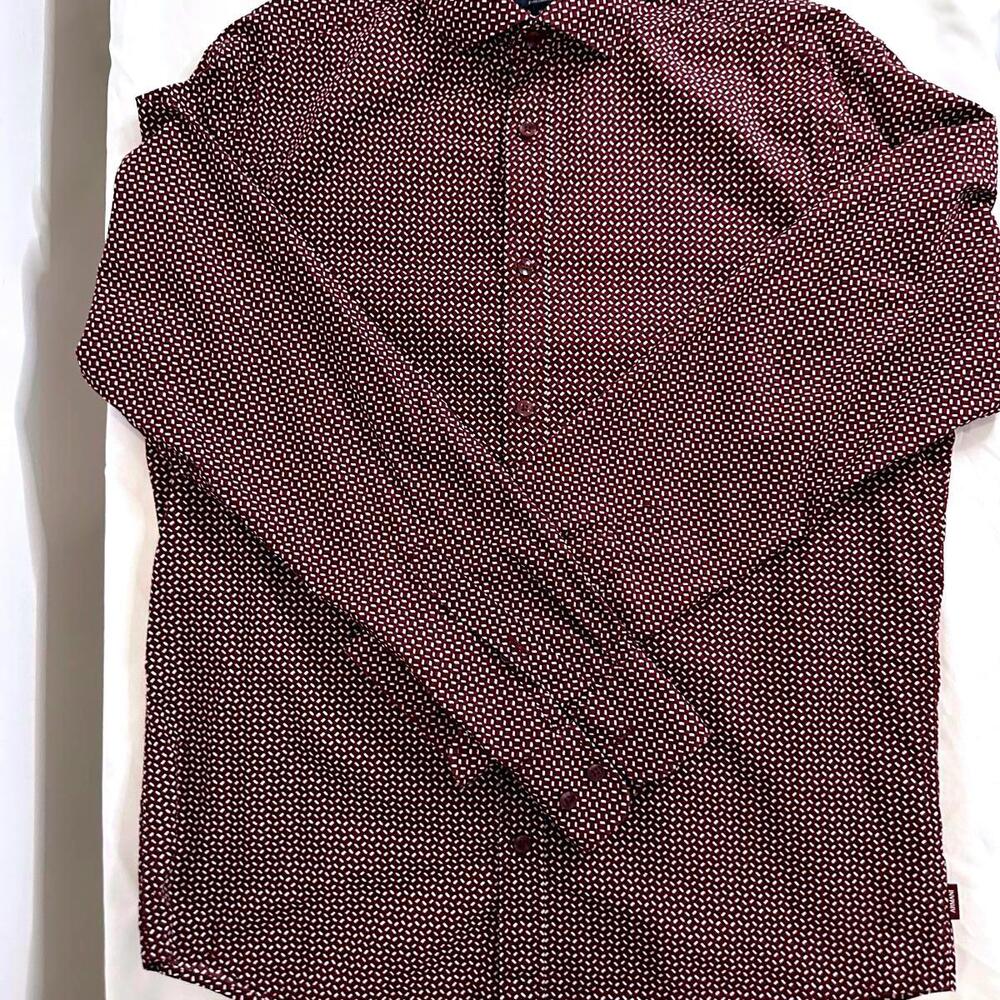 AJ Armani Jeans Men Burgundy & White Custom Long Sleeve Button Down Shirt - XL
